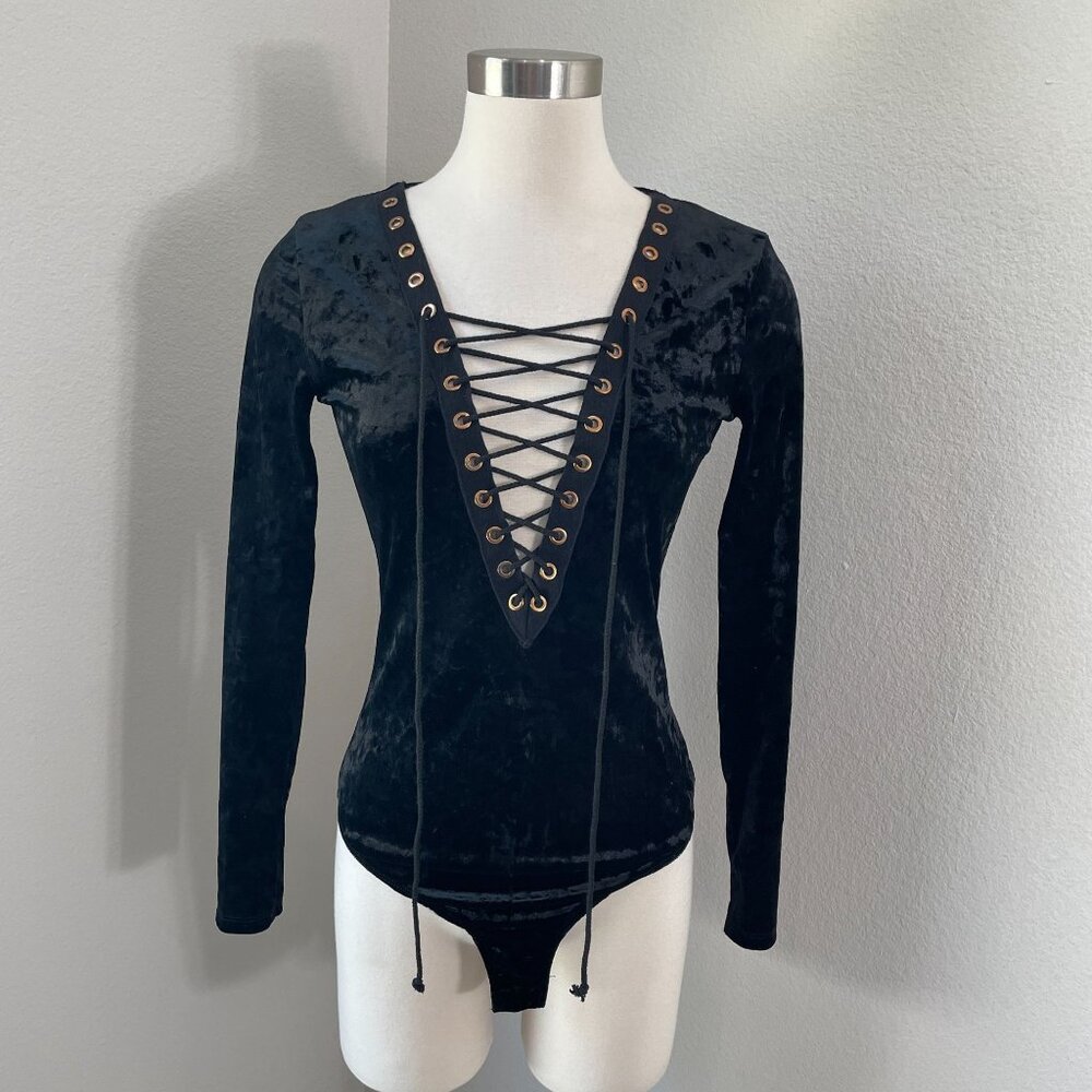 Vintage Y2K Windsor Womens Medium Black‎ Velvet Lace Up Bodysuit Goth Vamp